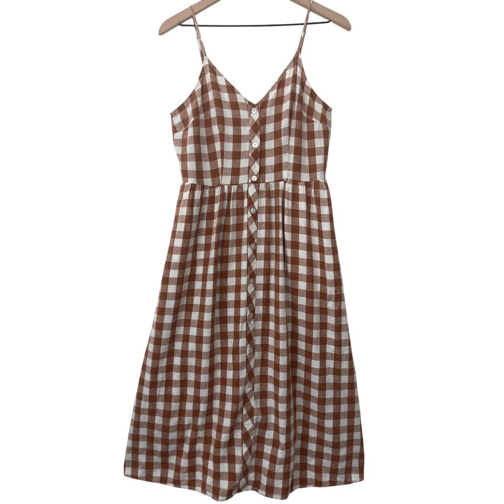 Target A New Day Linen Blend Fall Plaid Brown White Summer Button Midi Dress